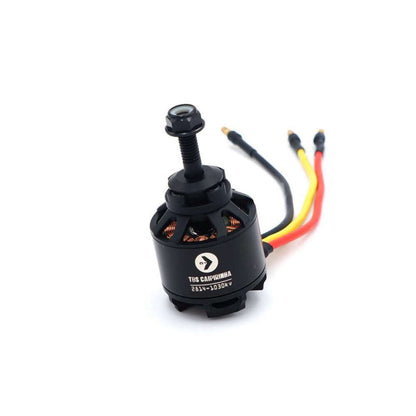 2814 1030kV brushless motor front view with threaded shaft, mounting base, and color-coded leads