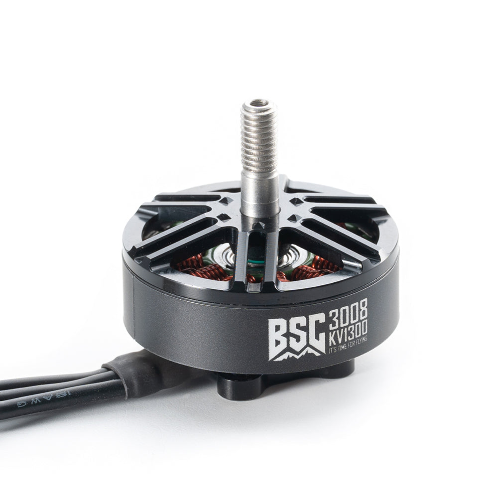 MAD BSC3008 1300KV 6S FPV Drone Motor, MAD BSC3008 KV1300 brushless FPV drone motor with threaded shaft, vented top, and three-wire lead