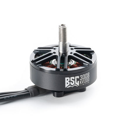 MAD BSC3008 1300KV 6S FPV Drone Motor, MAD BSC3008 KV1300 brushless FPV drone motor with threaded shaft, vented top, and three-wire lead