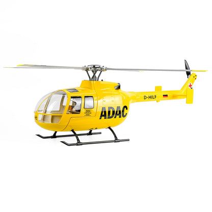 ADAC rescue helicopter, yellow body, D-HILF registration, German flag, medical cross.