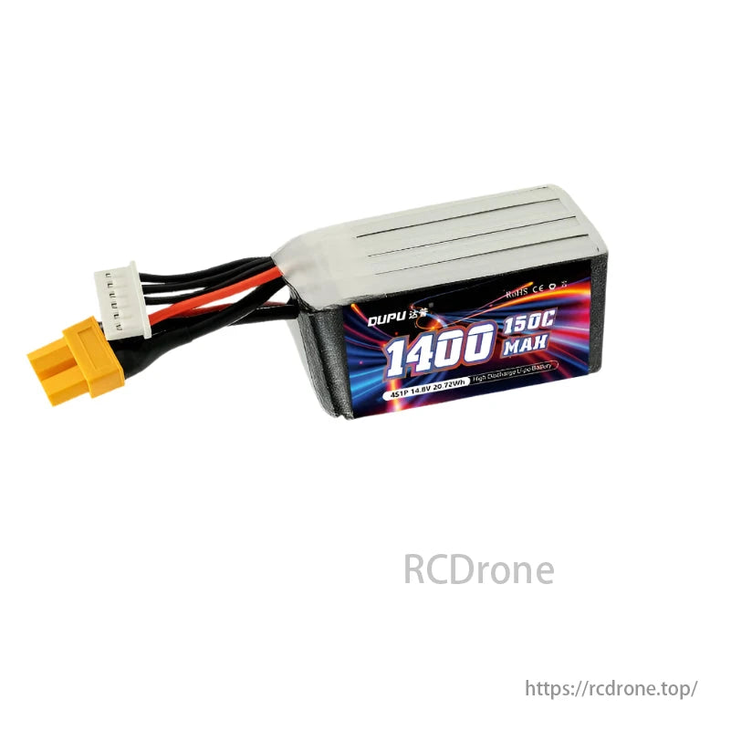 DUPU 1400mAh 150C MAX LiPo battery for FPV drones offers high discharge rate performance.