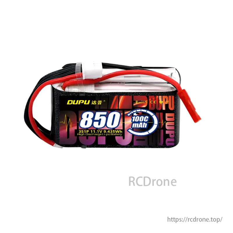 DUPU 850mAh 100C 3S1P 11.1V LiPo battery for FPV drones offers high discharge rate performance.