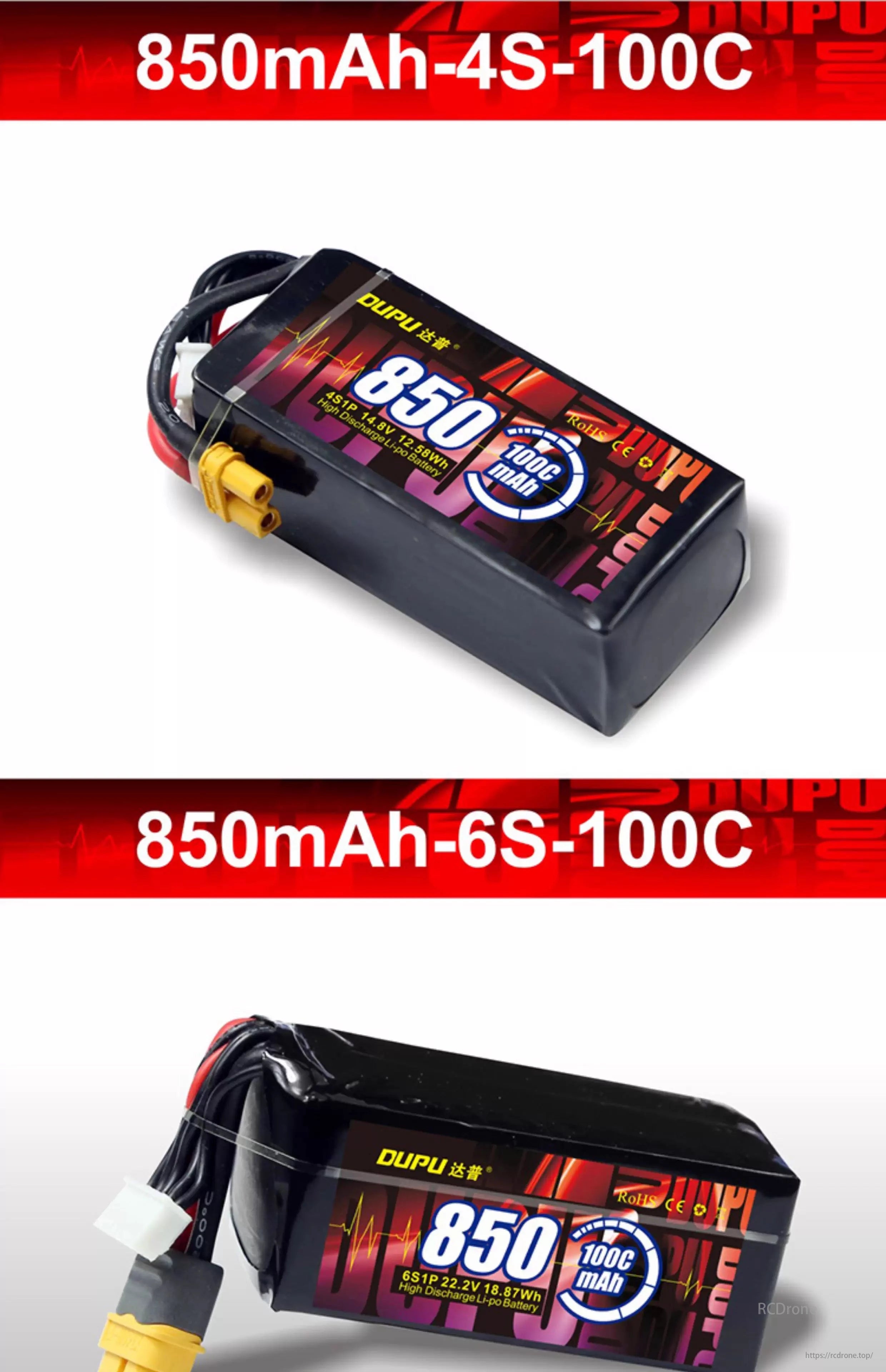 DUPU 2S 3S 850mAh 100C LiPo Battery, DUPU 850mAh LiPo batteries offer high discharge rates (100C), available in 4S (14.8V) and 6S (22.2V) models with XT30 plugs, providing reliable, efficient power for FPV drones.