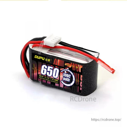 DUPU 2S 650mAh 100C LiPo Battery, DUPU 2S 650mAh 100C LiPo battery for FPV drones, featuring XT60 plug and high discharge rate.