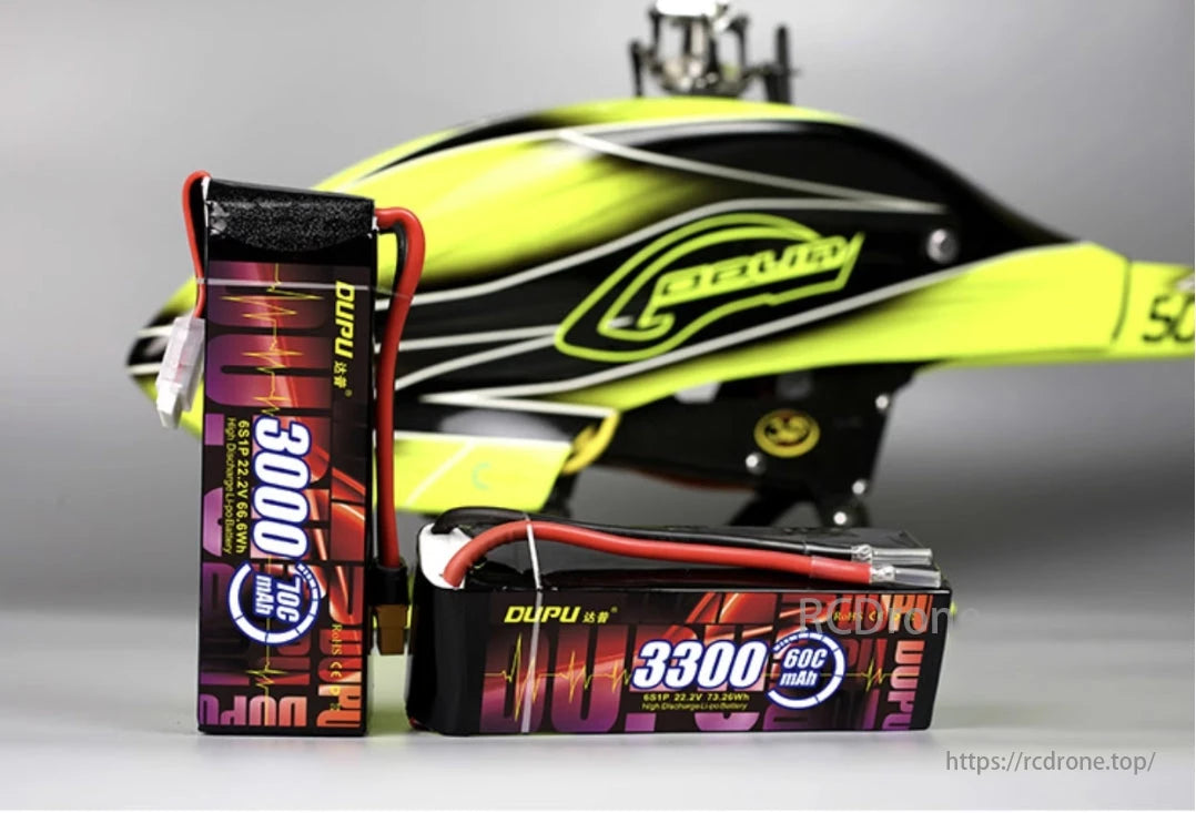 DUPU 3000mAh and 3300mAh LiPo batteries for RC helicopters, airplanes, toys. High discharge rates: 60C, 70C.