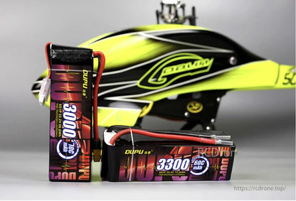 DUPU 3000mAh and 3300mAh LiPo batteries for RC helicopters, airplanes, toys. High discharge rates: 60C, 70C.