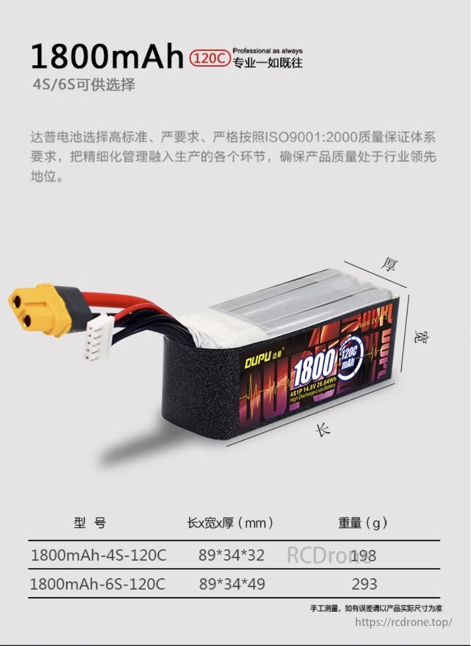 DUPU 4S/6S 1800mAh 120C LiPo battery for FPV drones. XT60 plug, ISO9001 certified. Dimensions: 89x34x32mm (4S), 89x34x49mm (6S). Weights: 198g (4S), 293g (6S).