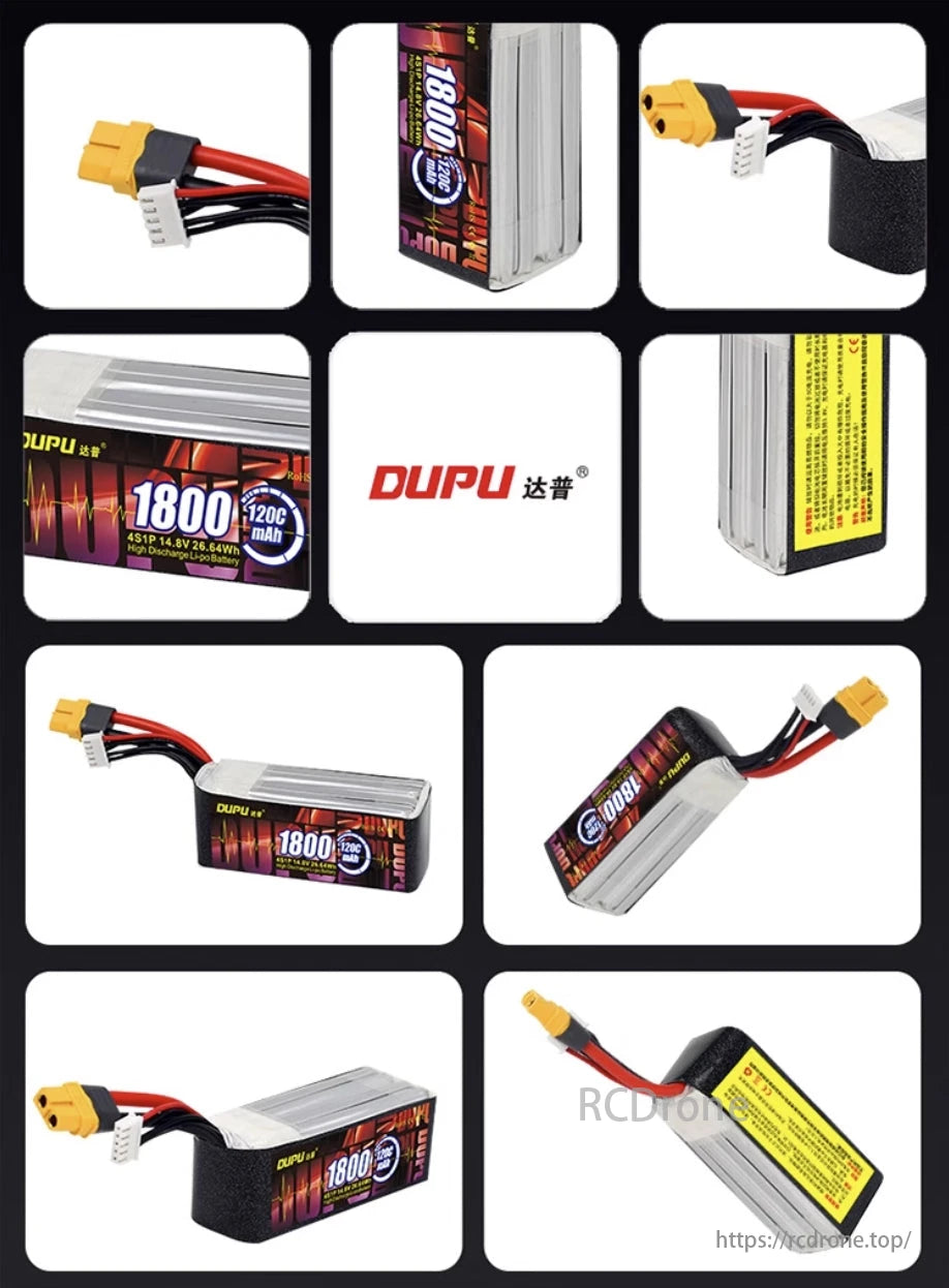 DUPU 4S/6S 1800mAh 120C LiPo battery for FPV drones, featuring XT60 plug.
