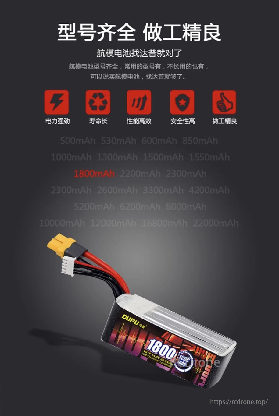 DUPU 4S/6S 1800mAh 120C LiPo Battery, DUPU 4S/6S 1800mAh LiPo battery for FPV drones offers strong power, long life, high efficiency, safety, and excellent craftsmanship, available from 500mAh to 22000mAh.