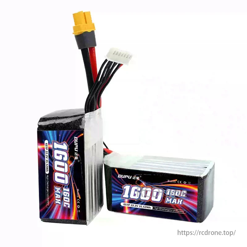 DUPU 6S 1600mAh 160C LiPo Battery, DUPU 6S 1600mAh 160C LiPo battery for FPV drones, featuring XT60 plug.