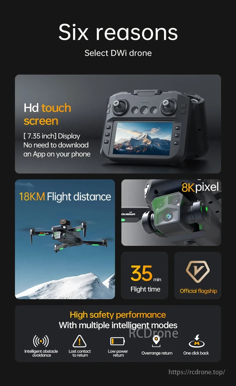 DWI D27 Drone, Choose DWi drone for HD screen, 18KM range, 8K camera, 35min flight, flagship status, and safe intelligent modes.
