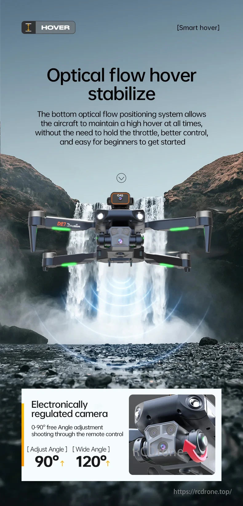 DWI D27 Drone, Optical flow stabilizes flight, aids beginners, and enables adjustable wide-angle shooting.