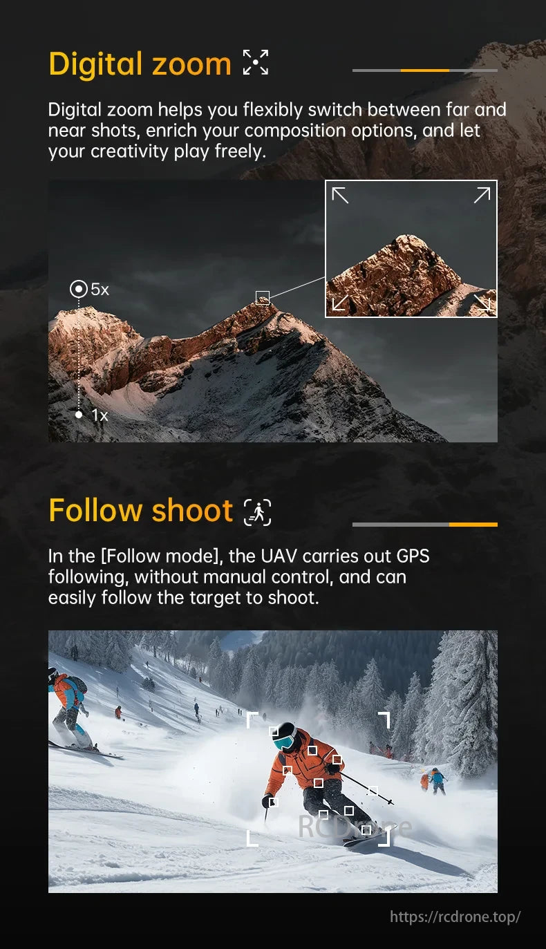 DWI D27 Drone, Digital zoom adjusts shots for better composition. Follow shoot mode uses GPS for automatic tracking.