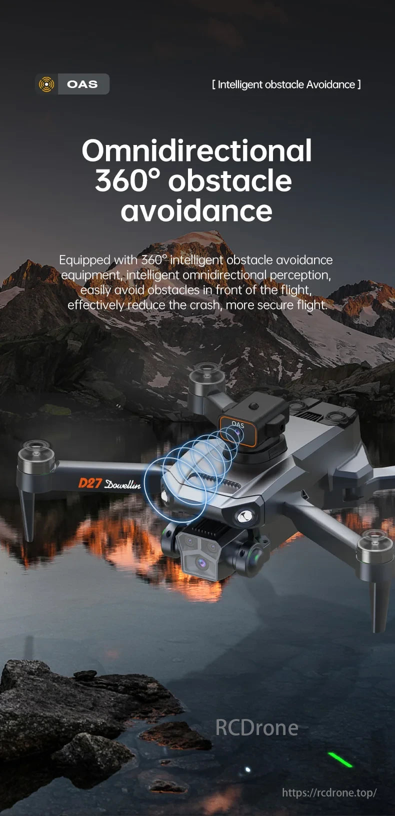 DWI D27 Drone, OAS D27 drone has 360° obstacle avoidance and omnidirectional perception for safe flights.