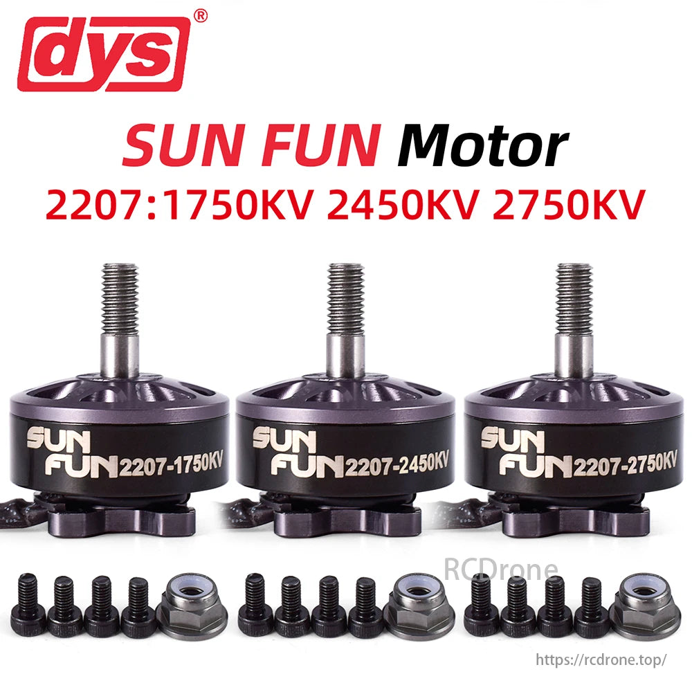 DYS 2207 Brushless Motor, DYS SUN FUN 2207 motors (1750KV, 2450KV, 2750KV) are brushless with included screws and nuts.