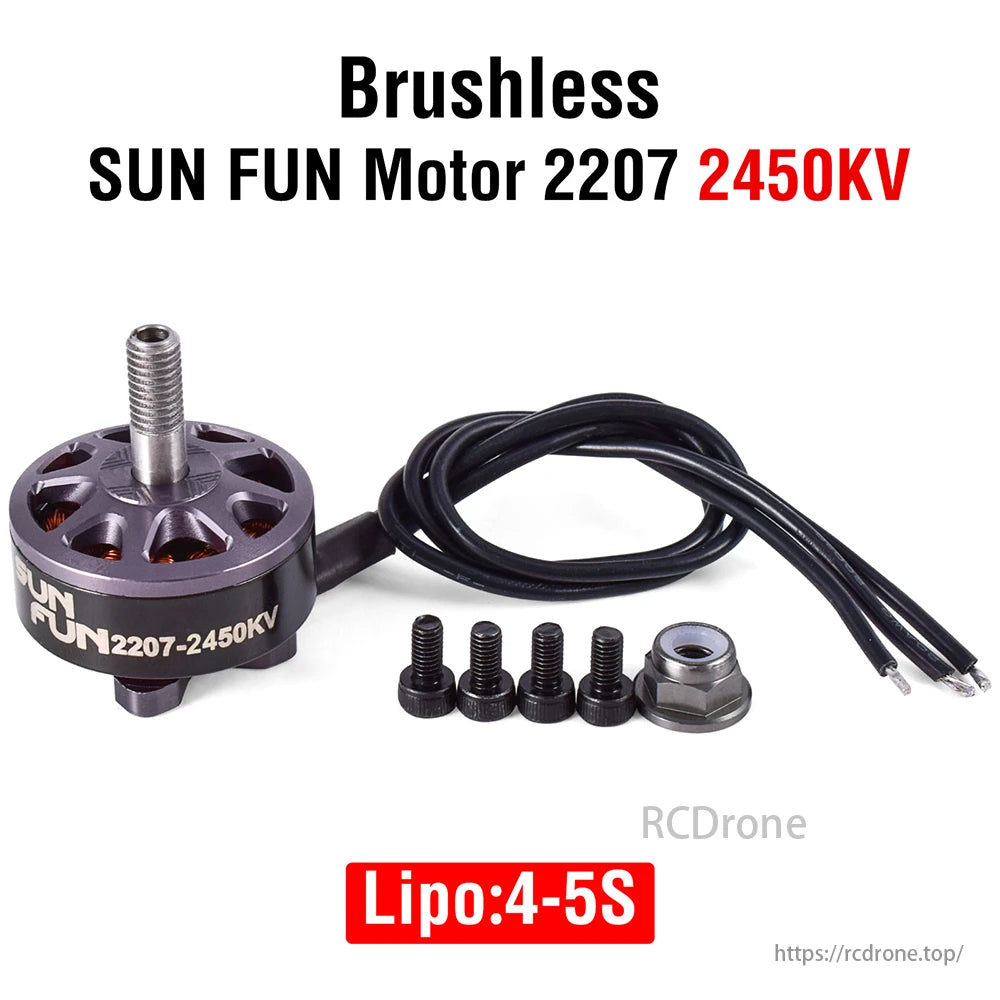 DYS 2207 Brushless Motor, SUN FUN brushless motor, 2207 2450KV, compatible with 4-5S Lipo batteries, includes screws and cable, compact for high performance.