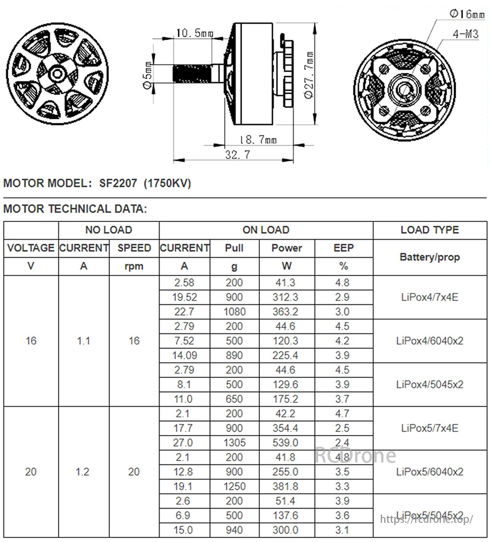 DYS 2207 Brushless Motor specs: dimensions, voltage, current, speed, pull force, power, and efficiency with various batteries and loads.