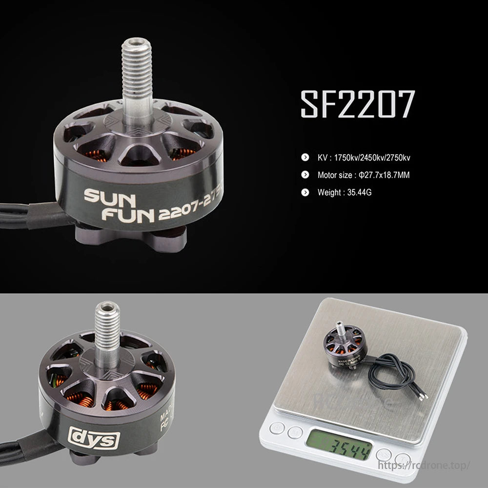 DYS 2207 Brushless Motor, KV 1750/2450/2750, sized 27.7x18.7mm, weighs 35.44g, branded "SUN FUN."