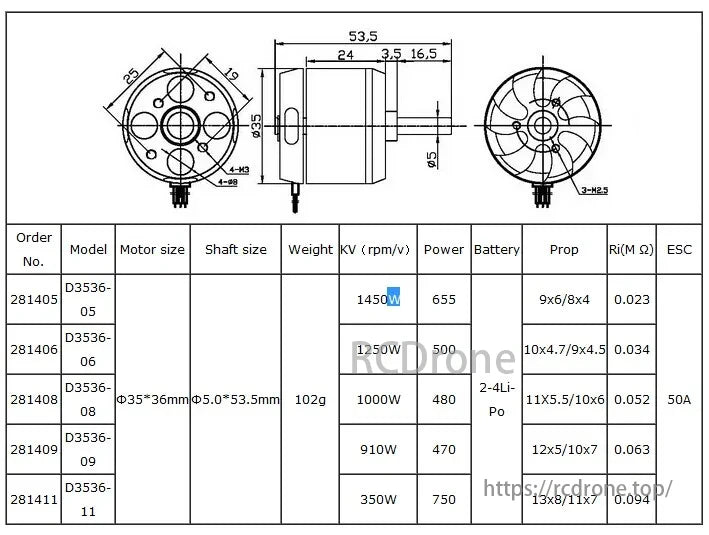 DYS D3536 Brushless Motors: Various models, KV values, power outputs, prop compatibility. Weighing 102g+, for 2-4S Li-Po, 50A ESC.
