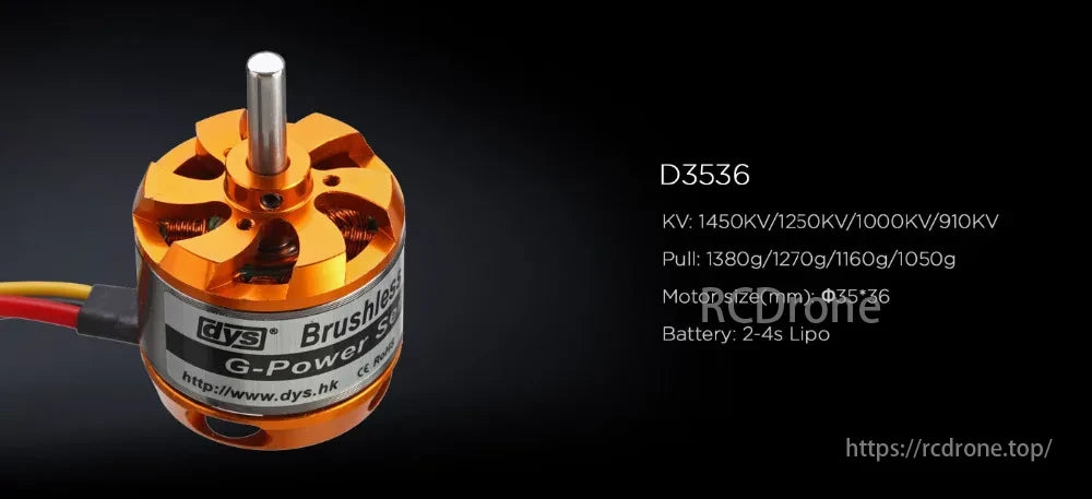 DYS D3536 brushless motor, KV 1450/1250/1000/910, pull 1380/1270/1160/1050g, size 35x36mm, supports 2-4s Lipo battery.