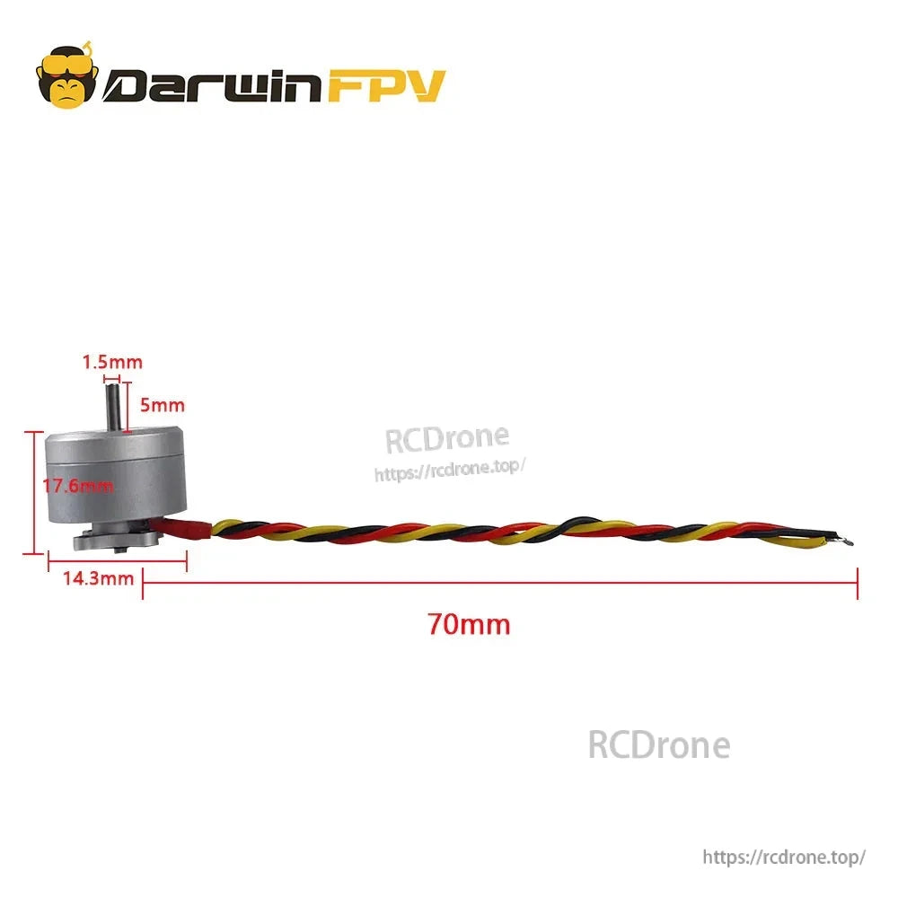 DarwinFPV motor dimensions diagram: 14.3mm diameter, 17.6mm height, 1.5mm shaft, 70mm wires