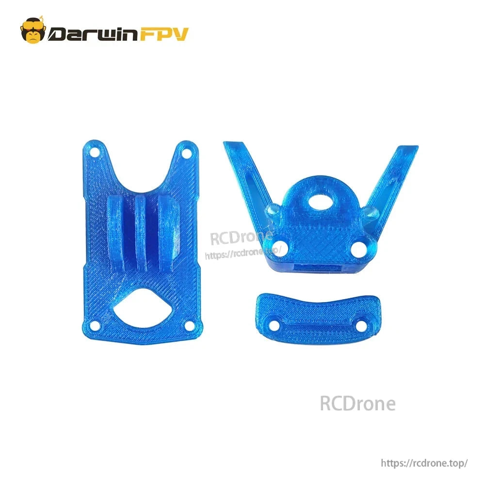 Blue TPU printed parts set for Darwin 240 frame, including rear mount and front camera bracket pieces