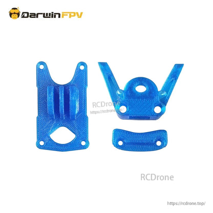 Blue TPU printed parts set for Darwin 240 frame, including rear mount and front camera bracket pieces