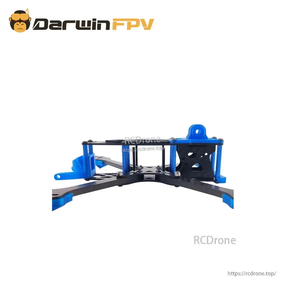Side profile of Darwin 240 FPV drone frame showing carbon fiber plate stack, standoffs, and TPU parts