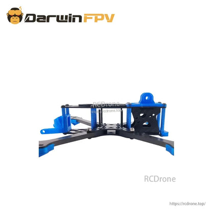Side profile of Darwin 240 FPV drone frame showing carbon fiber plate stack, standoffs, and TPU parts