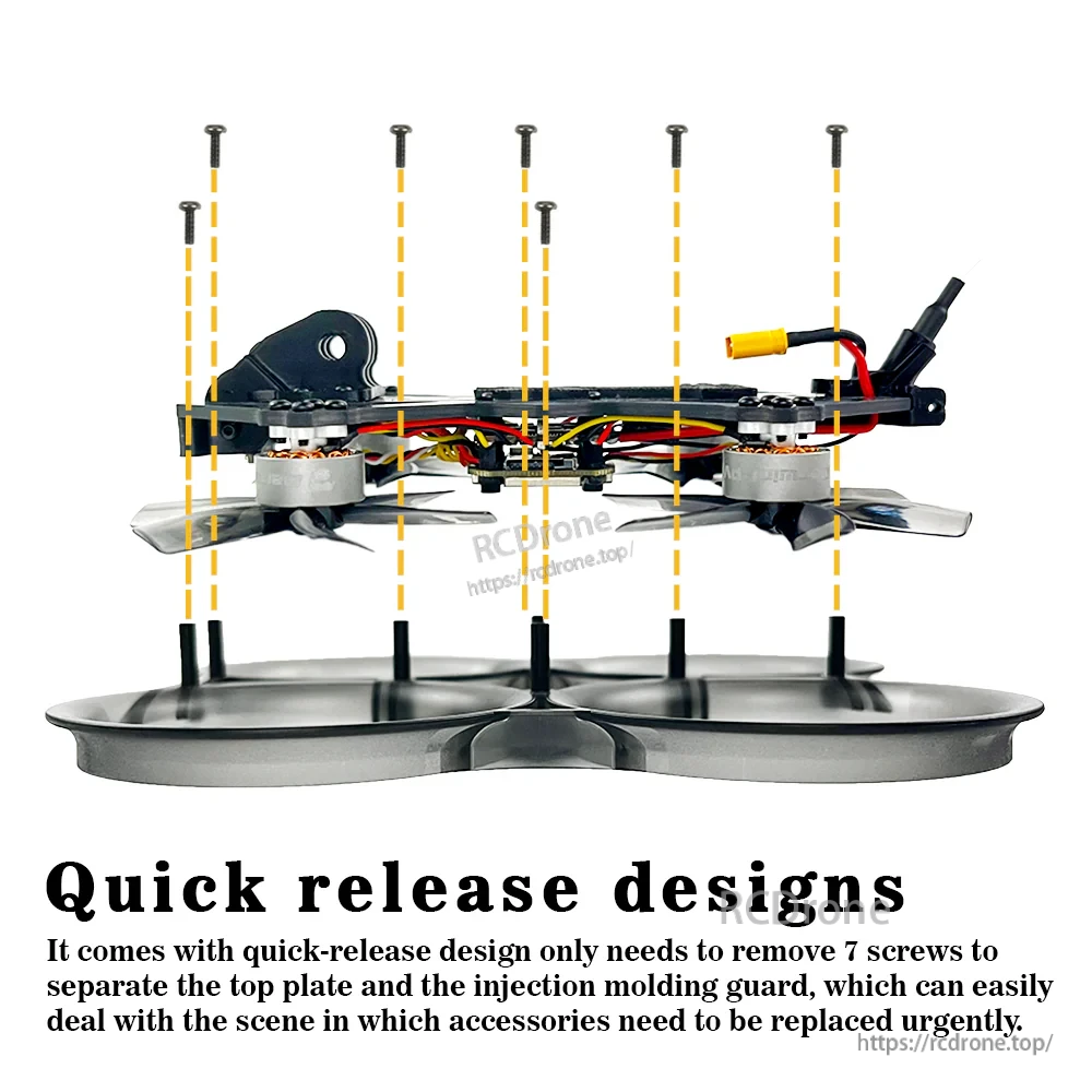 Quick-release frame layout with top plate and prop guard separated using seven screws for maintenance
