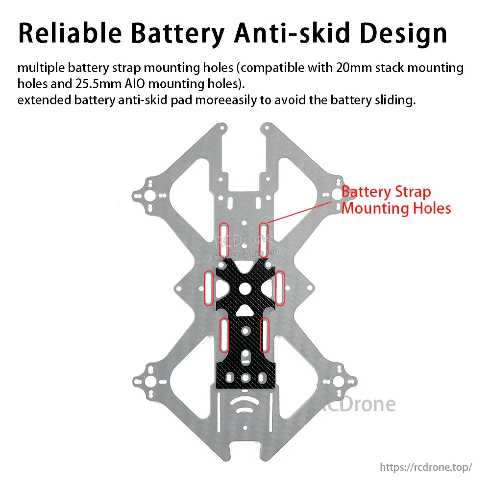 Bottom plate with multiple battery strap mounting holes and extended anti-skid pad area highlighted