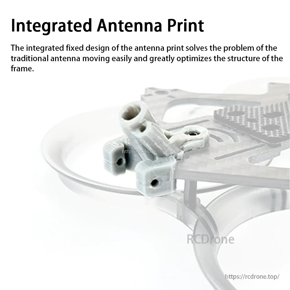 Integrated fixed antenna mount (3D-printed part) installed on the frame to reduce antenna movement