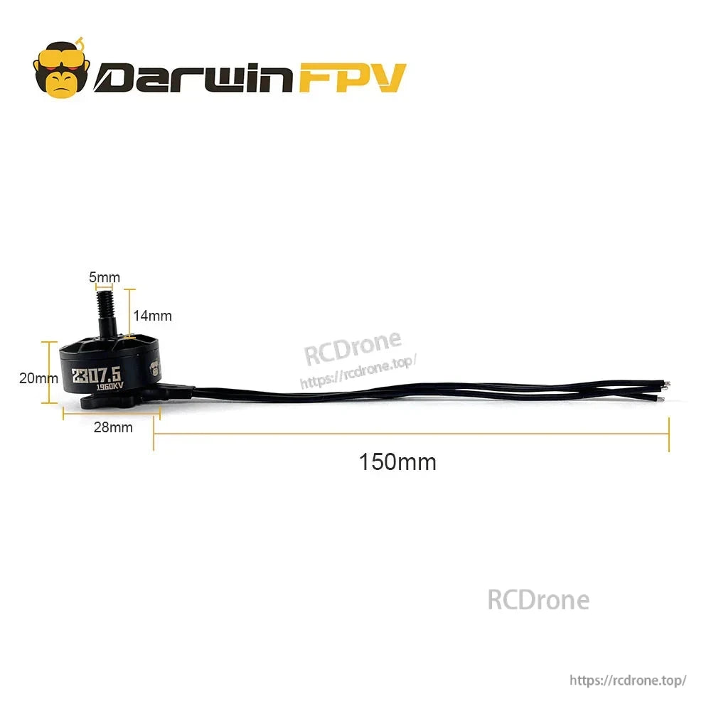 Dimensions diagram: 2307.5 motor size with 150mm wire lead, 5mm shaft, 28mm can diameter