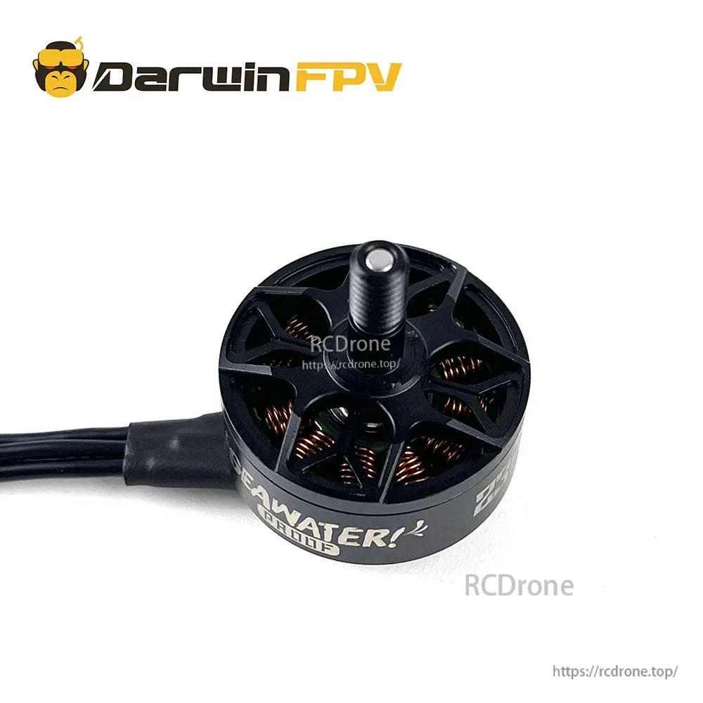 Top view of motor bell with ventilated spokes and threaded shaft on Darwin 2307.5 FPV motor