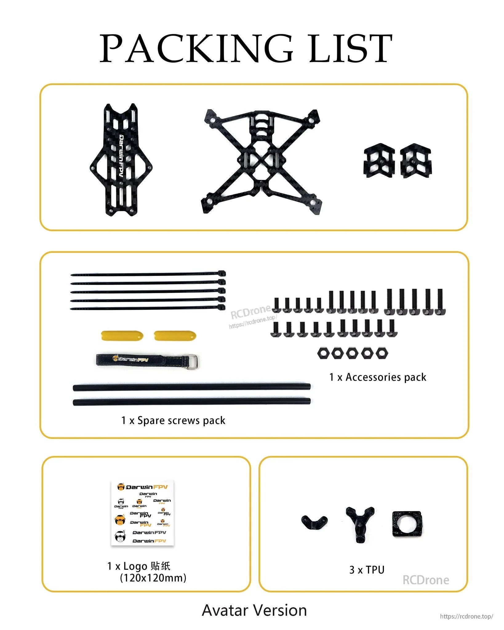 Packing list for TinyApe Avatar frame kit with carbon plates, spare screws, accessories pack, TPU parts