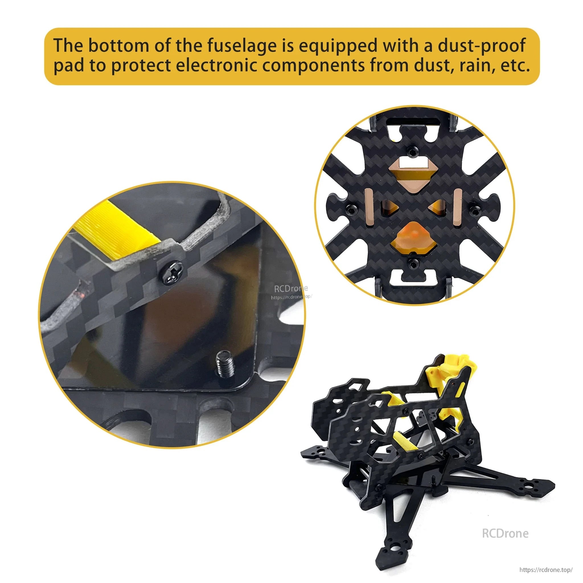 Close-up of TinyApe frame dust-proof bottom pad protecting electronics from dust and rain splash