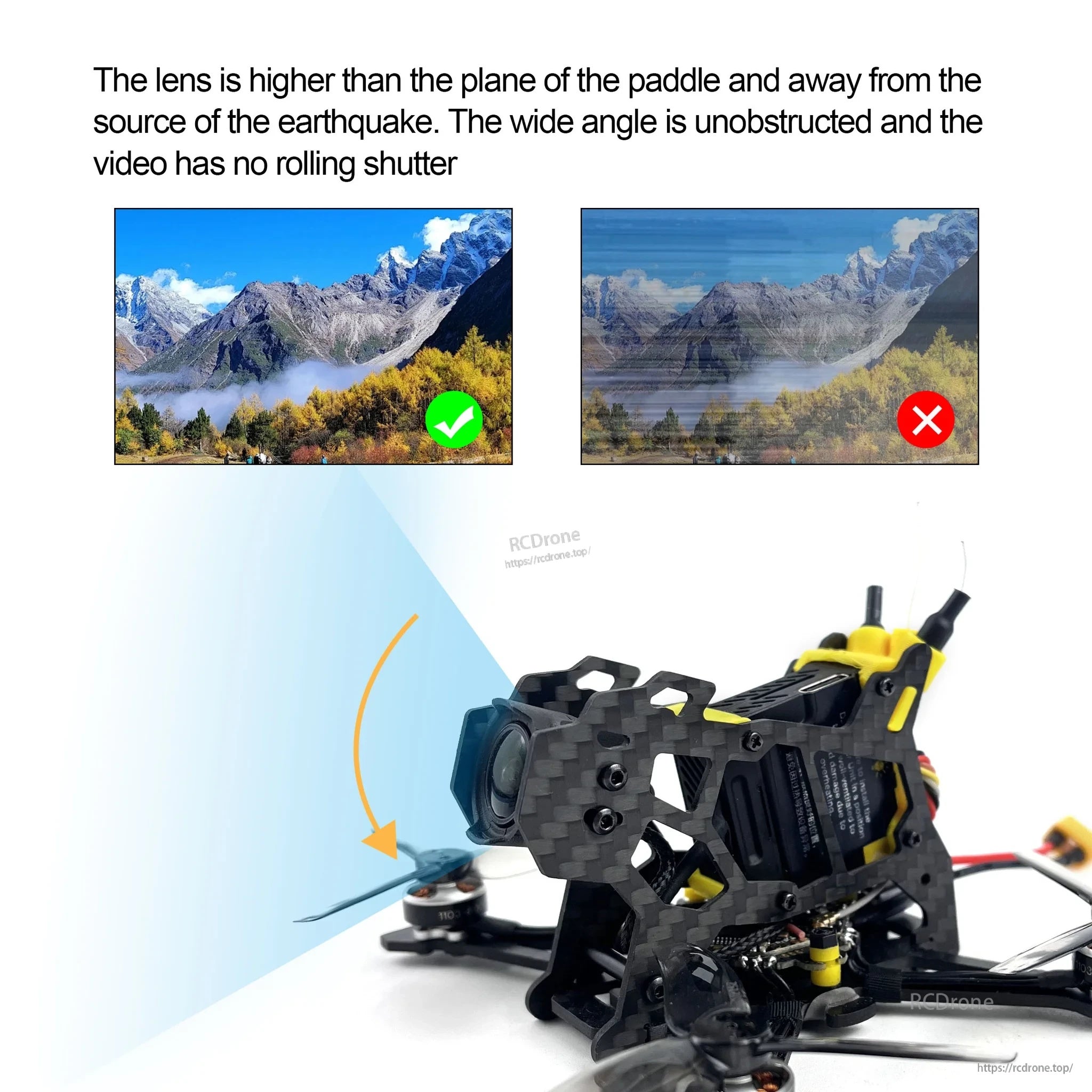 TinyApe freestyle frame camera mounted higher than prop plane for unobstructed wide-angle FPV footage