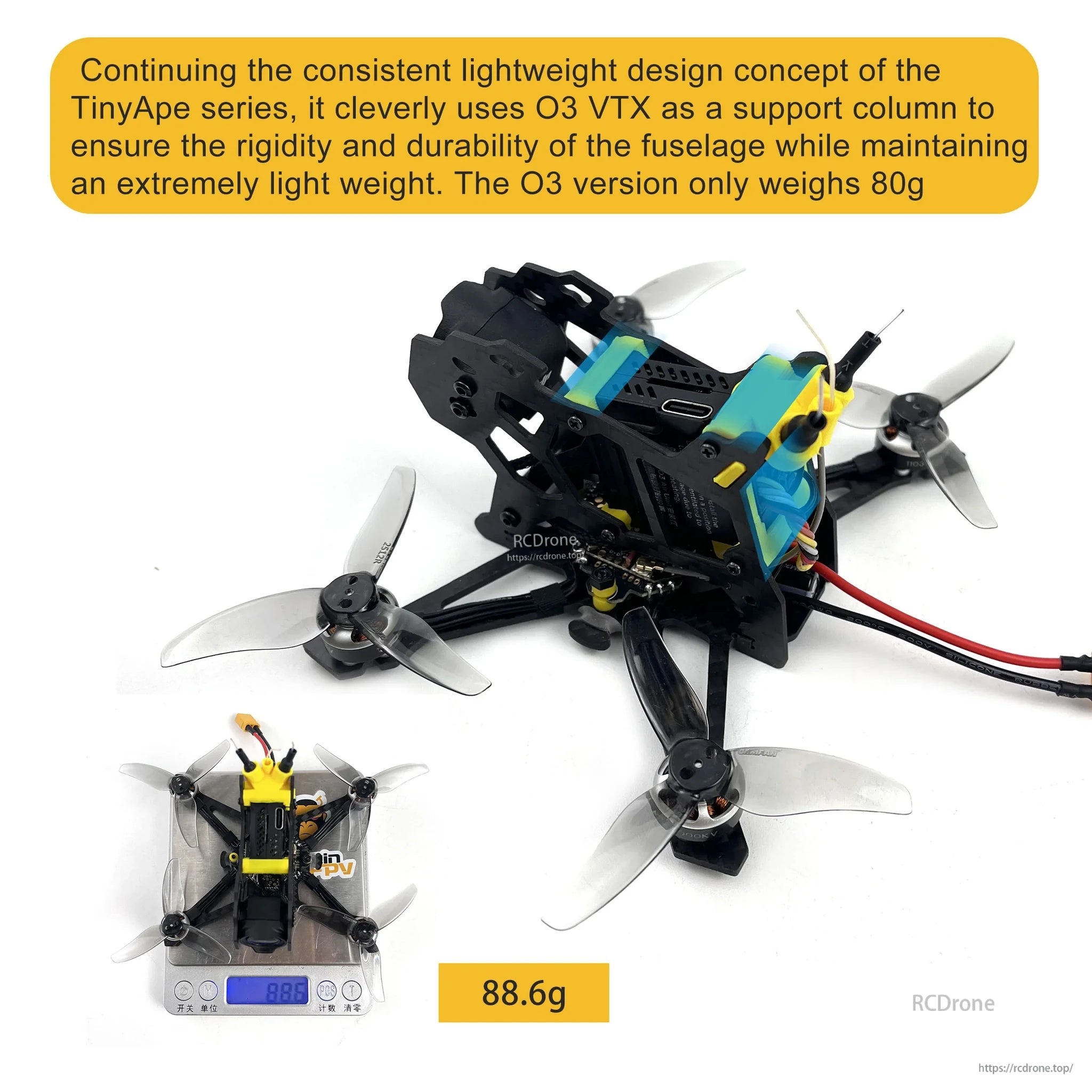TinyApe O3 freestyle micro quad layout highlighting lightweight build concept and reinforced center stack