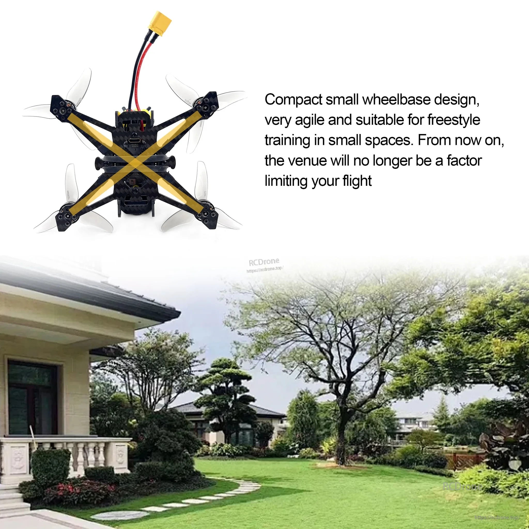 Compact TinyApe frame top view emphasizing short wheelbase design for agile 2.5-inch freestyle practice