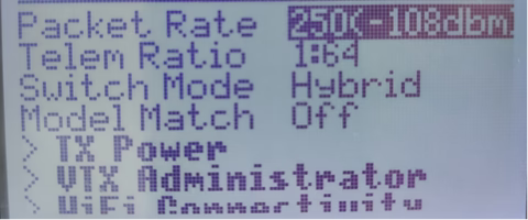 ExpressLRS LUA tools menu on radio displaying Packet Rate, telemetry ratio, switch mode, and TX power options