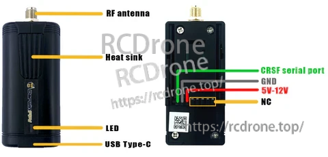 Darwin Vantac ExpressLRS 2.4GHz Lite TX module with RF antenna, heatsink, LED, and USB‑C port labeled