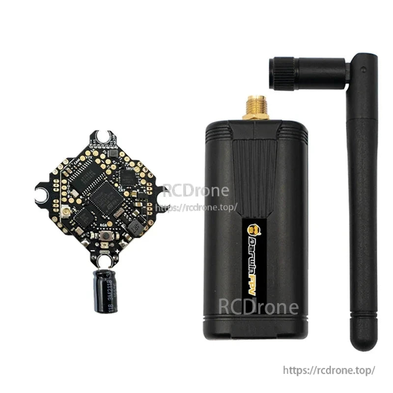 Package contents showing TX module, antenna, and included PCB board