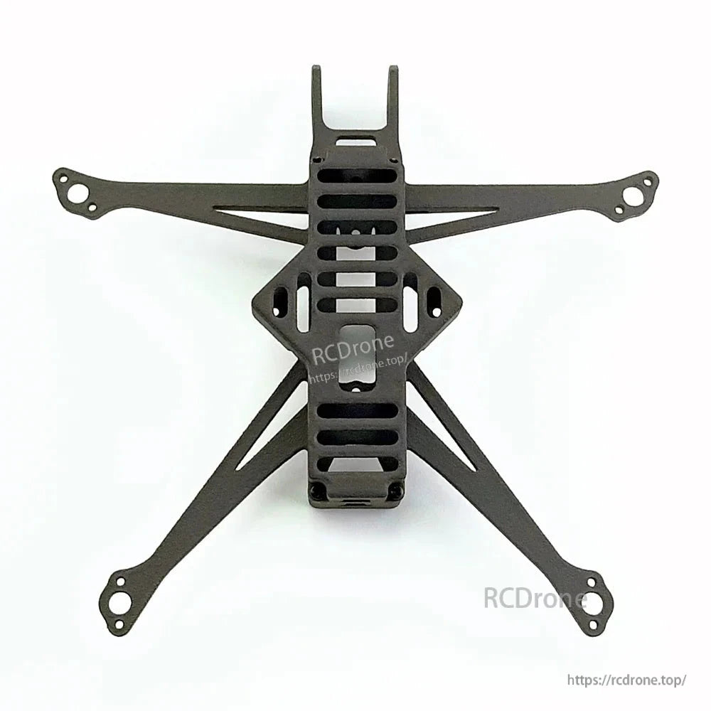 Bottom view of frame showing slotted base plate and mounting cutouts along the center spine