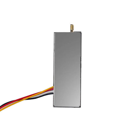 FPV VTX rear view showing plain metal case and top SMA antenna connector with power/video lead