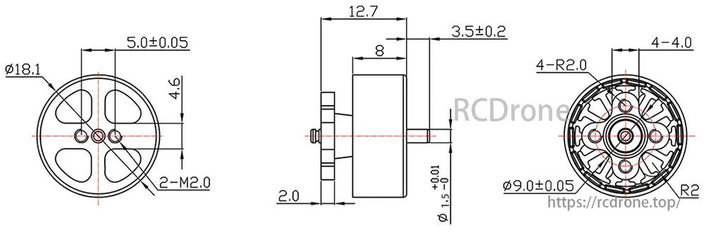 DarwinFPV 1504 Brushless Motor, The motor dimensions are specified as: Ø18.1, 5.0±0.05, 4.6, 2-M2.0, 12.7, 3.5±0.2, and Ø9.0±0.05.
