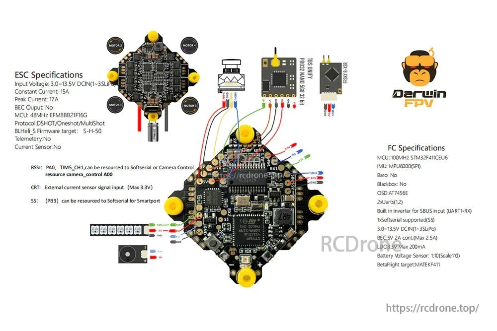 Wiring diagram and specifications graphic for DarwinFPV F411 15A 1-3S AIO FC/4-in-1 ESC