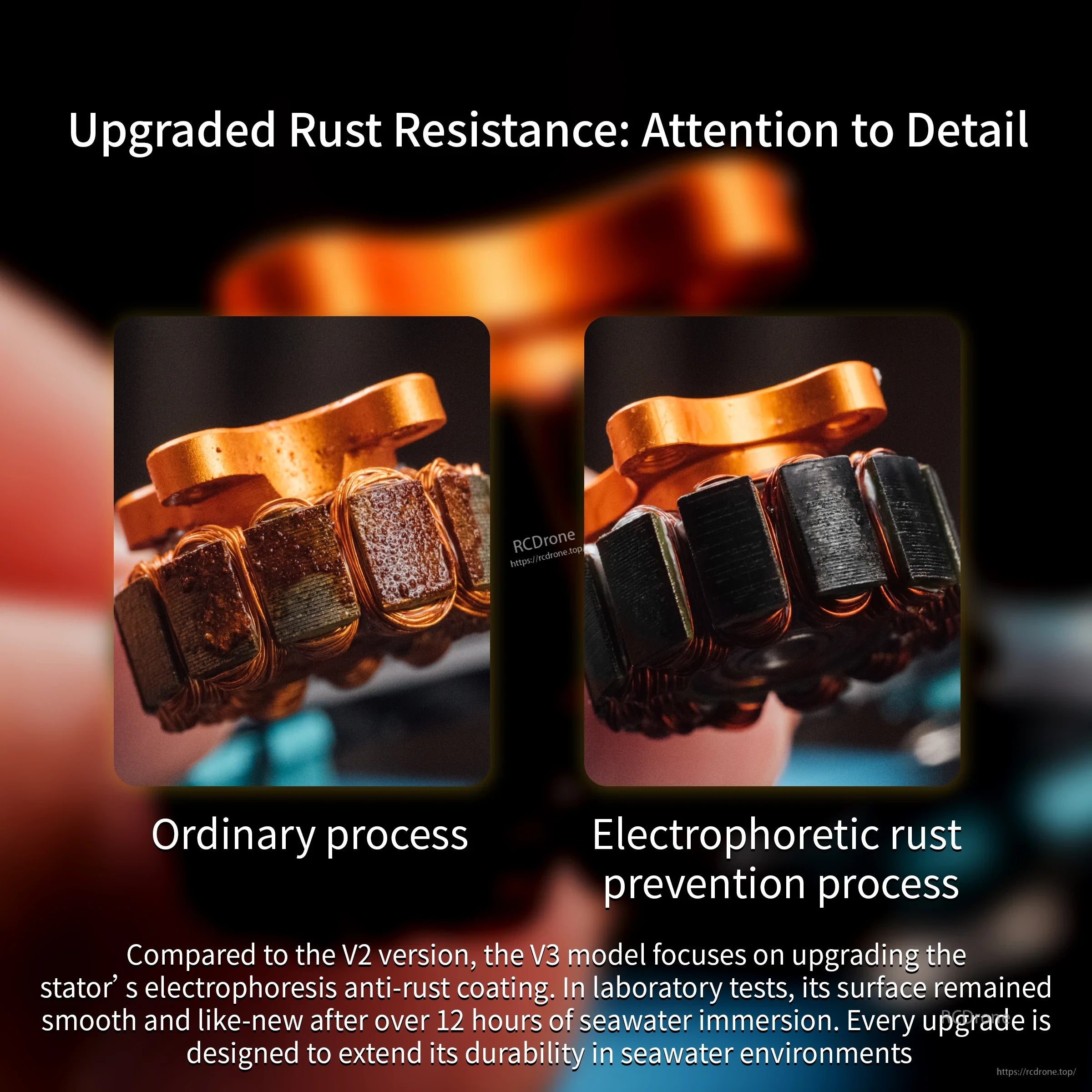 Close-up comparison of ordinary process vs electrophoretic rust prevention process on stator laminations
