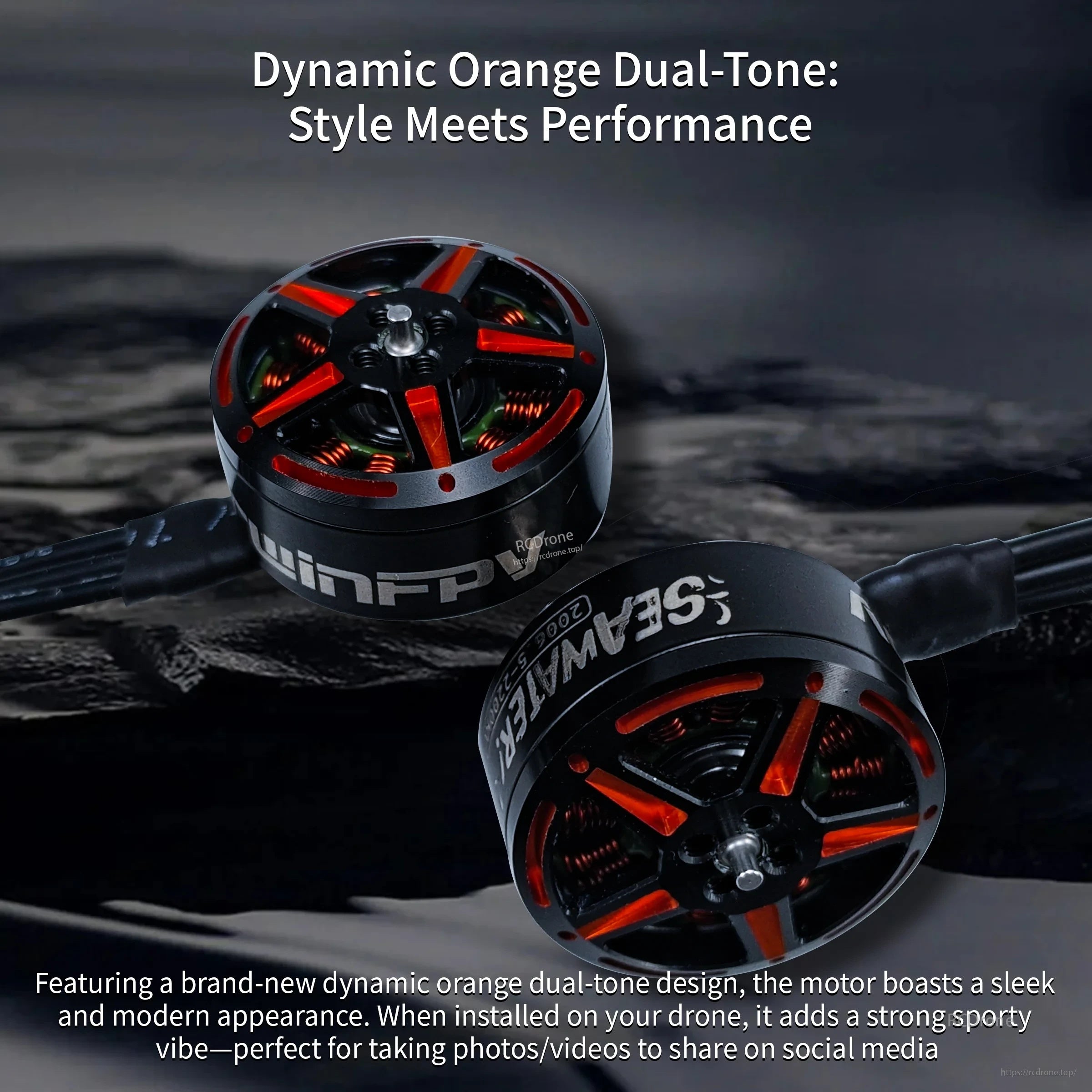 Dual-tone orange rotor design on DarwinFPV SeaWater 2006.5 motor, top and side view