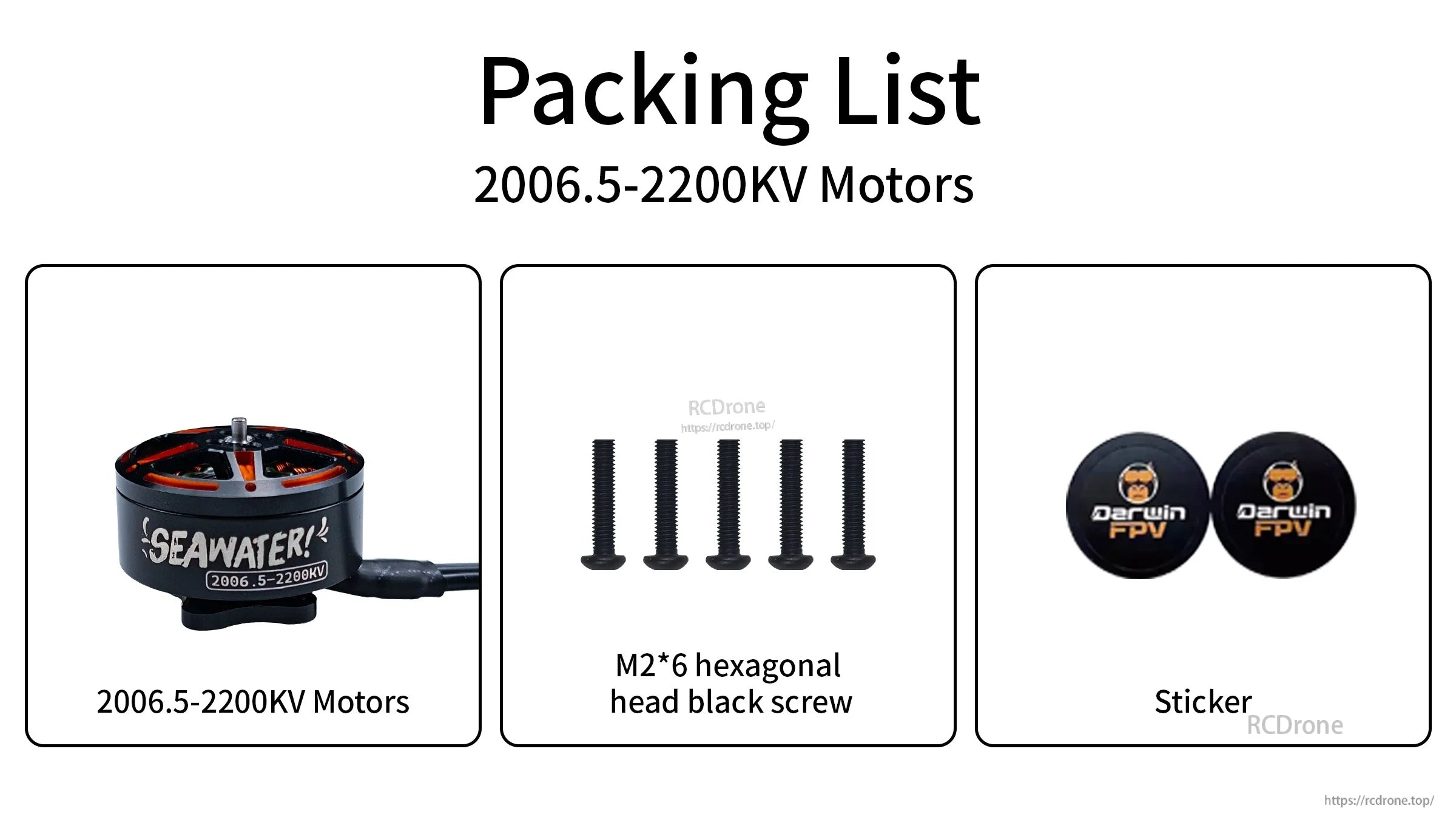 Packing list for 2006.5-2200KV motors including M2×6 screws and DarwinFPV stickers