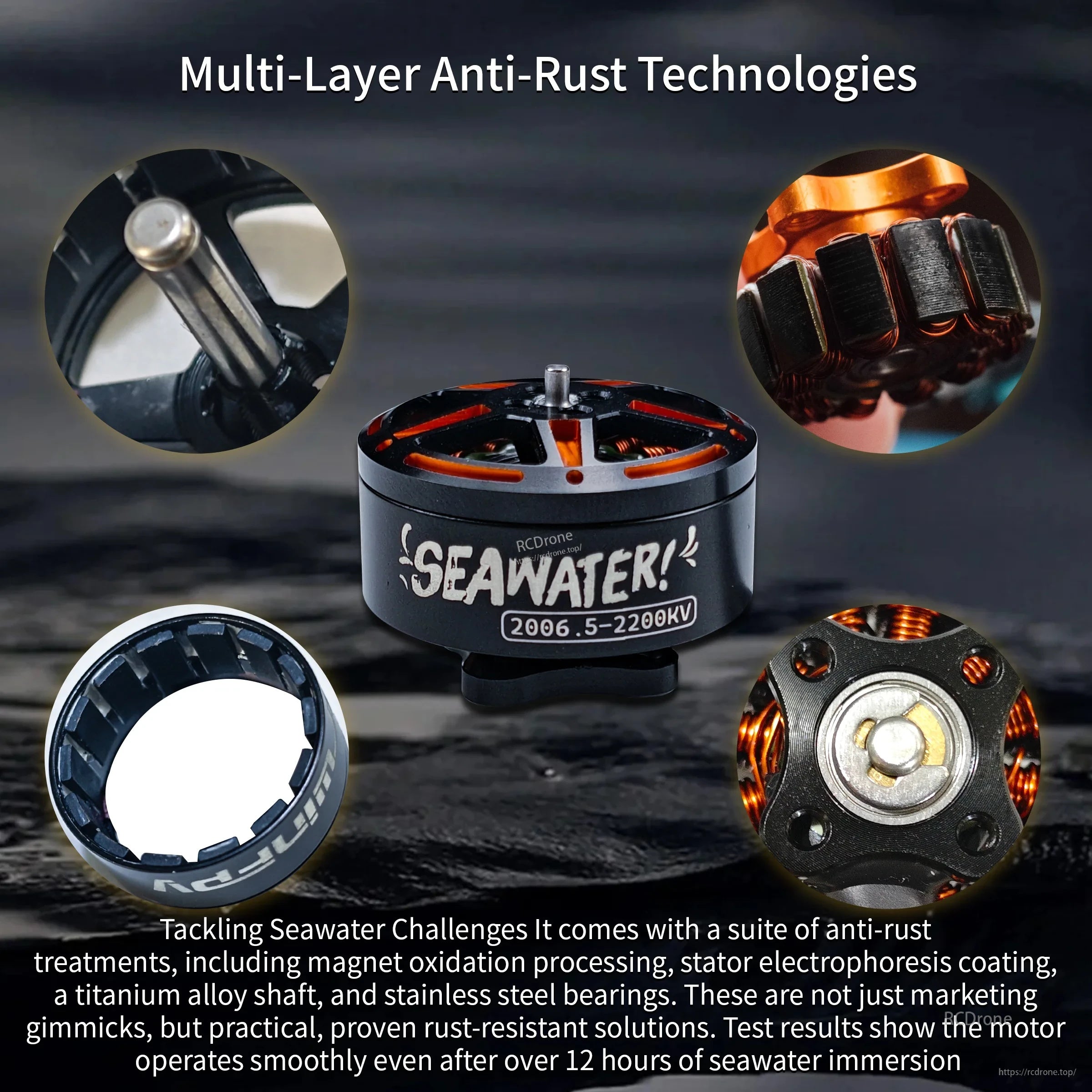 Multi-layer anti-rust details on SeaWater 2006.5 motor with close-ups of shaft, stator coating and bearings